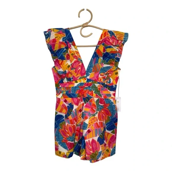 Vibrant Floral Flutter-Sleeve Romper - Orange Multi - Picture 3 of 16